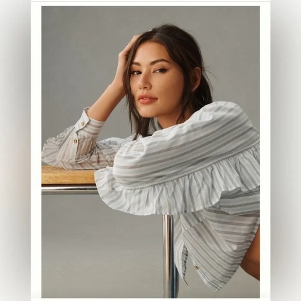 Anthropologie Pilcro batwing cropped stripe Button down blue white  XL ruffle - Picture 3 of 12